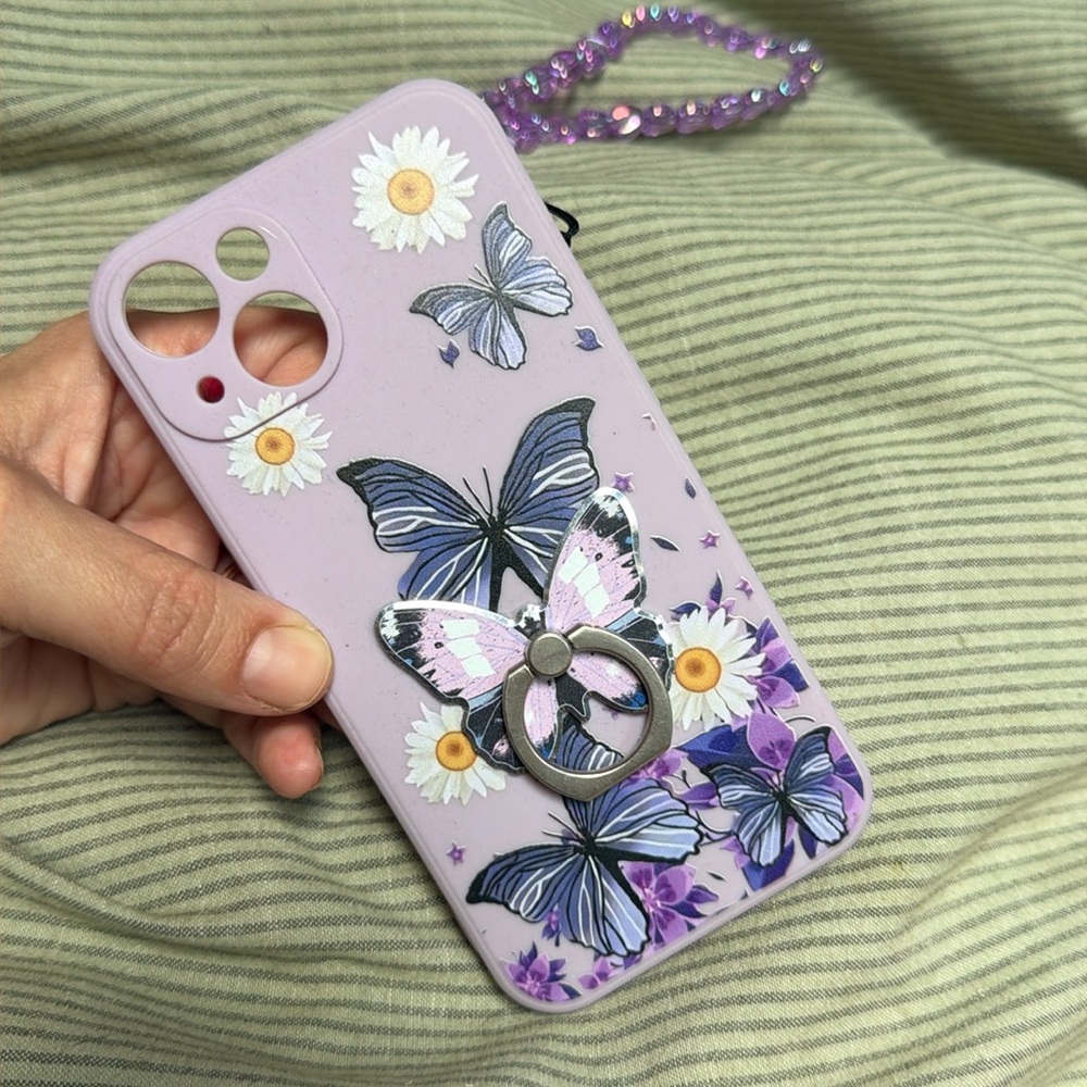 Brand new Whimsical Purple Butterfly IPhone case with charm and finger holder